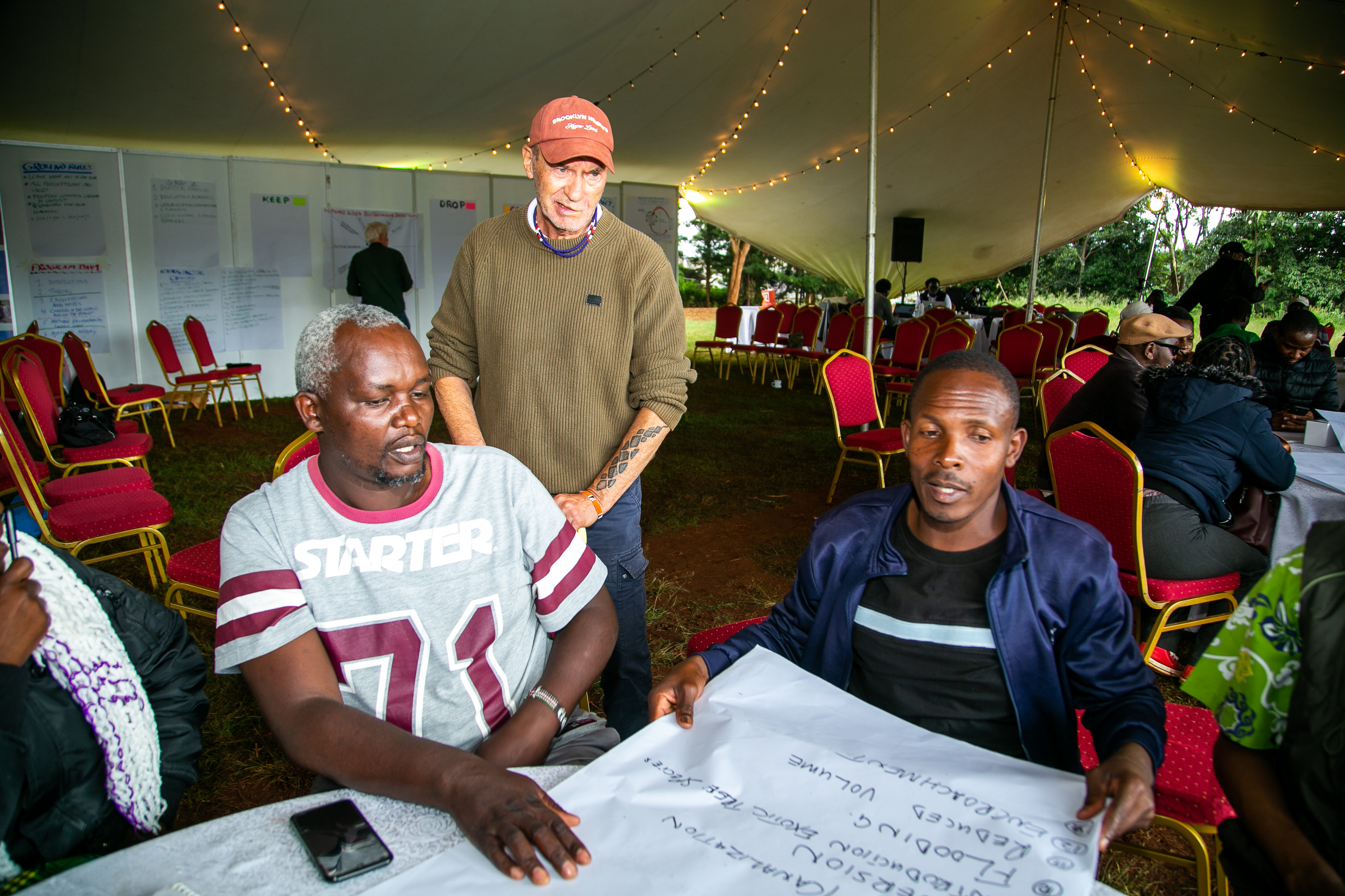 Frank Heckman from Embassy of the earth listening in to  Samwel Goko from Dandora dumpsite and Victor Emolike Ojoo Odhiambo (SDI) while the group is working on their environmental scan. .jpg